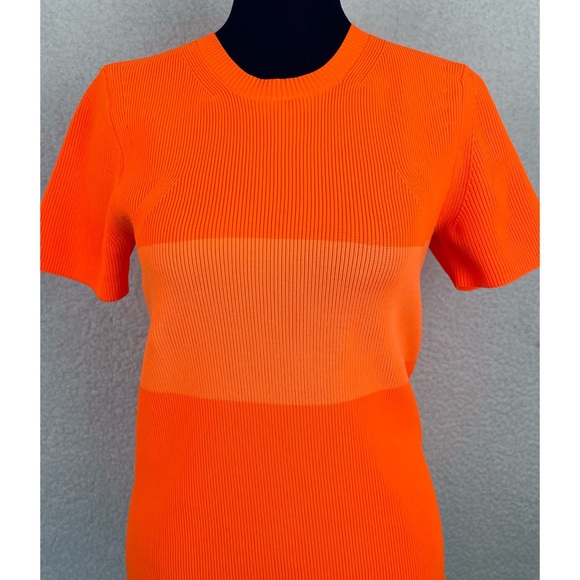 HELMUT LANG • Neon Orange Stripe Ribbed Knit Short Sleeve Tee - Picture 2 of 12